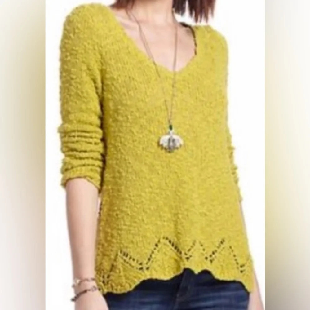 Anthropologie Yellow Bird Peaked Pointelle V-Neck knit  Sweater Sz S